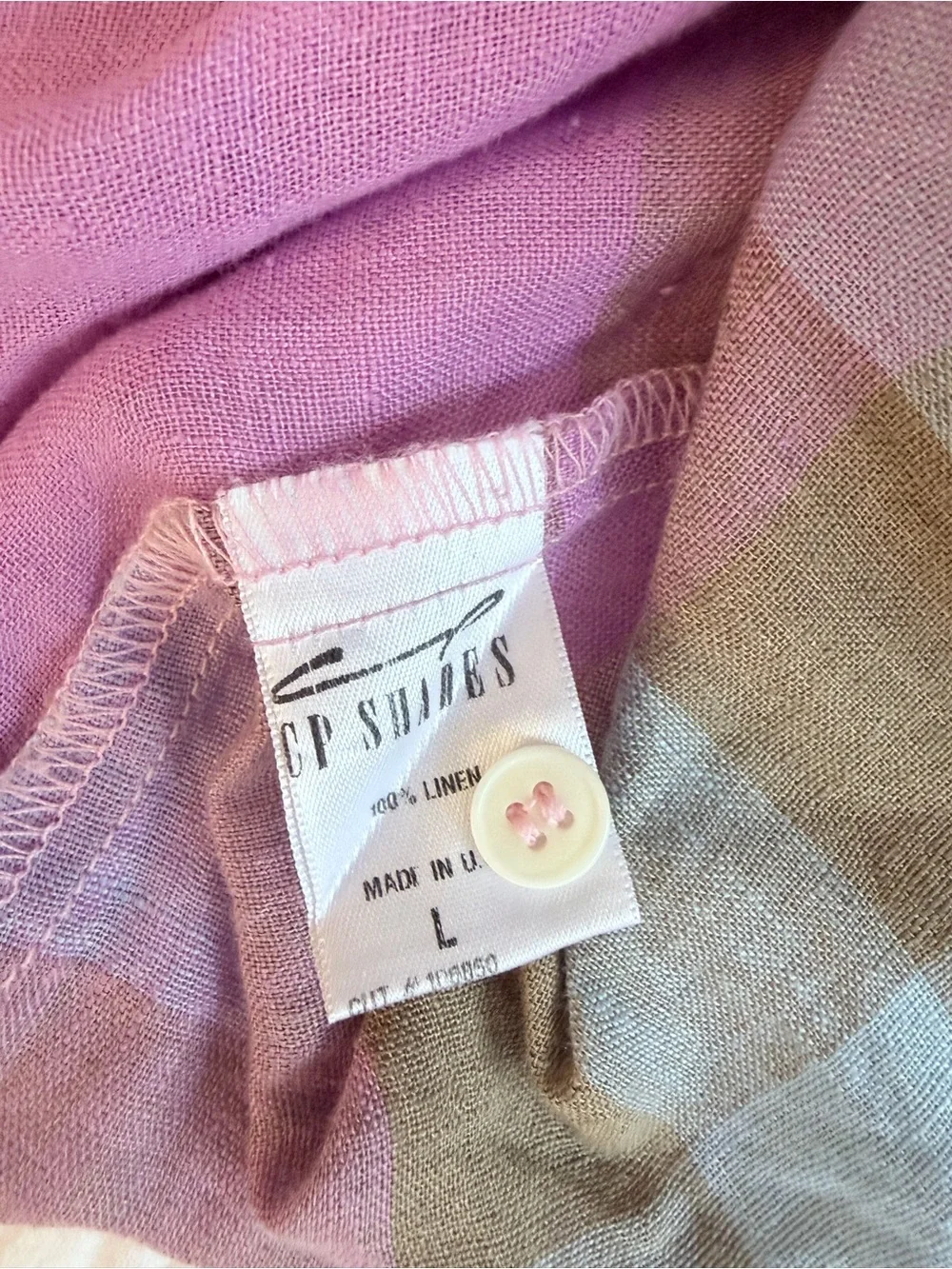 CP Shades 100% Linen Plaid Madras Button Down Shirt Fuschia Tan Women’s Large - Picture 7 of 8